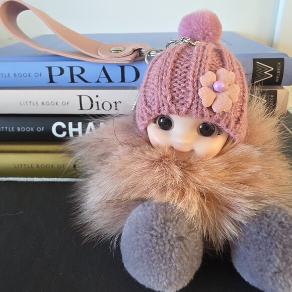 Cute Smiling Fur Baby Keychain with LOVE tag, Plush rabbit fur, Bag Charm - Picture 5 of 5